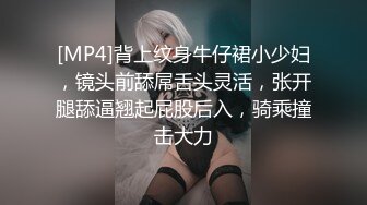 [MP4]背上纹身牛仔裙小少妇，镜头前舔屌舌头灵活，张开腿舔逼翘起屁股后入，骑乘撞击大力